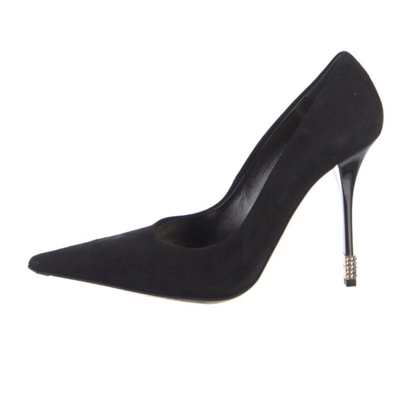Gianmarco Lorenzi Shoes - Gianmarco Lorenzi Black Suede Pointed-Toe Pumps with Metal Heel Tip